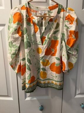Rachel Zoe Citrus-Print Puff Sleeve Tunic in Orange, Green & Cream NWT